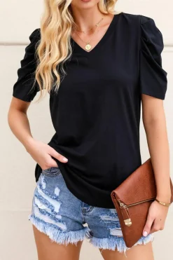 Best Dear-Lover Puff Sleeve V-Neck T-Shirt Black
