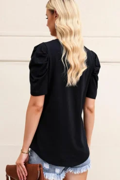 Best Dear-Lover Puff Sleeve V-Neck T-Shirt Black
