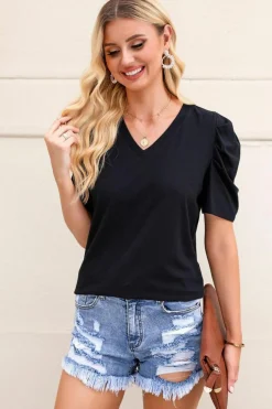 Best Dear-Lover Puff Sleeve V-Neck T-Shirt Black