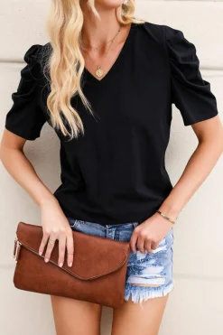 Best Dear-Lover Puff Sleeve V-Neck T-Shirt Black