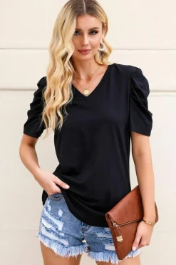 Best Dear-Lover Puff Sleeve V-Neck T-Shirt Black