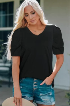 Best Dear-Lover Puff Sleeve V-Neck T-Shirt Black