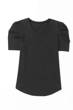 Best Dear-Lover Puff Sleeve V-Neck T-Shirt Black