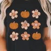 Sale Dear-Lover Pumpkin Flower Print Short Sleeve Graphic Top Black