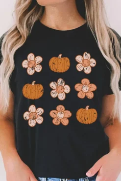 Sale Dear-Lover Pumpkin Flower Print Short Sleeve Graphic Top Black