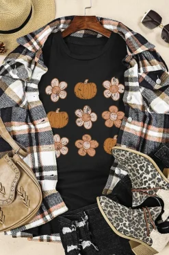 Sale Dear-Lover Pumpkin Flower Print Short Sleeve Graphic Top Black