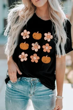 Sale Dear-Lover Pumpkin Flower Print Short Sleeve Graphic Top Black