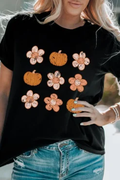 Sale Dear-Lover Pumpkin Flower Print Short Sleeve Graphic Top Black