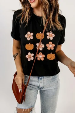Sale Dear-Lover Pumpkin Flower Print Short Sleeve Graphic Top Black