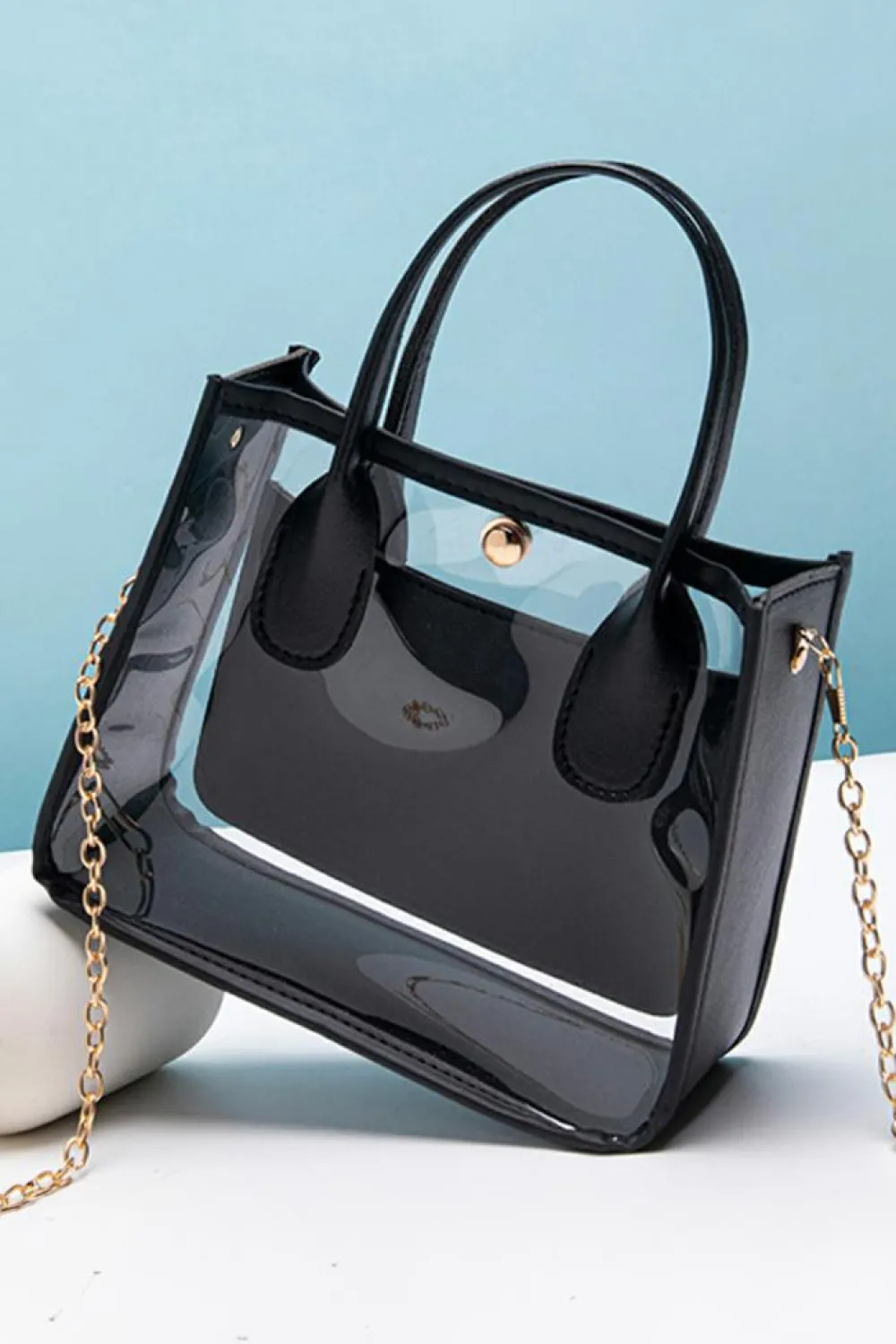 Clearance Dear-Lover PVC PU Leather Patchwork Chain Strap Shoulder Bag Black