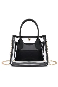 Clearance Dear-Lover PVC PU Leather Patchwork Chain Strap Shoulder Bag Black