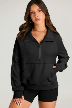 Clearance Dear-Lover Quarter Zip Stand Neck Kangaroo Pocket Sweatshirt Black