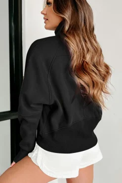Clearance Dear-Lover Quarter Zip Stand Neck Kangaroo Pocket Sweatshirt Black