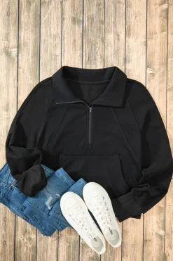 Clearance Dear-Lover Quarter Zip Stand Neck Kangaroo Pocket Sweatshirt Black