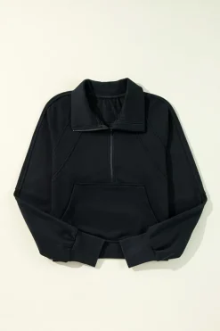 Clearance Dear-Lover Quarter Zip Stand Neck Kangaroo Pocket Sweatshirt Black
