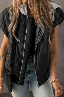 Clearance Dear-Lover Quilted Drawstring Hooded Zip Up Puffer Vest Black