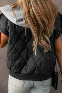 Clearance Dear-Lover Quilted Drawstring Hooded Zip Up Puffer Vest Black