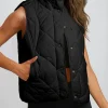 Hot Dear-Lover Quilted High Neck Button Up Pocket Vest Coat Black