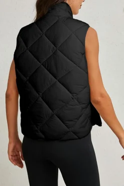 Hot Dear-Lover Quilted High Neck Button Up Pocket Vest Coat Black