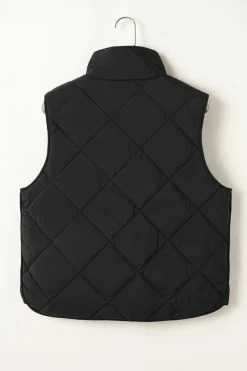 Hot Dear-Lover Quilted High Neck Button Up Pocket Vest Coat Black