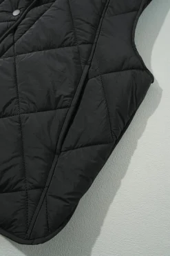 Hot Dear-Lover Quilted High Neck Button Up Pocket Vest Coat Black