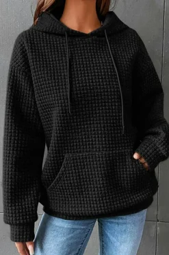 Hot Dear-Lover Quilted Kangaroo Pocket Drawstring Hoodie Black