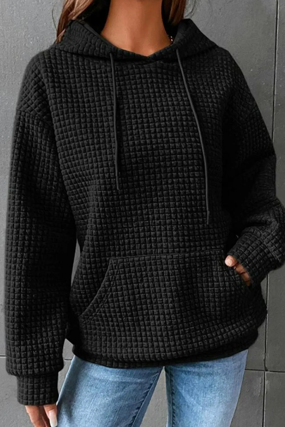 Hot Dear-Lover Quilted Kangaroo Pocket Drawstring Hoodie Black