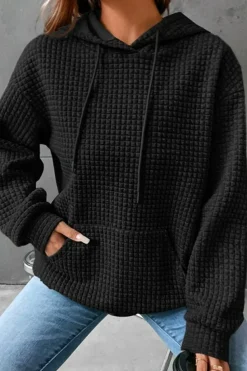 Hot Dear-Lover Quilted Kangaroo Pocket Drawstring Hoodie Black