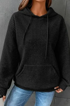 Hot Dear-Lover Quilted Kangaroo Pocket Drawstring Hoodie Black