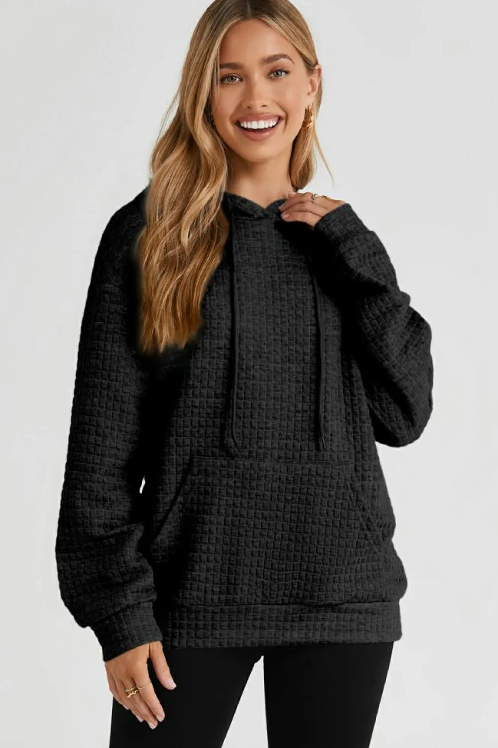 Hot Dear-Lover Quilted Kangaroo Pocket Drawstring Hoodie Black