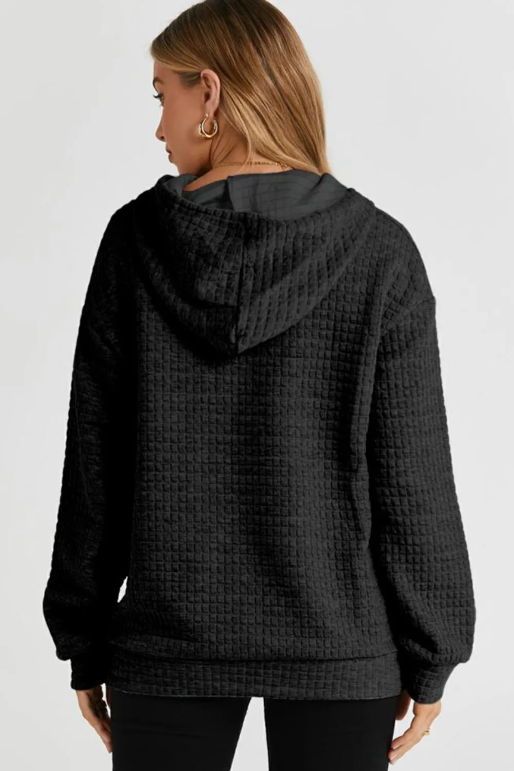 Hot Dear-Lover Quilted Kangaroo Pocket Drawstring Hoodie Black