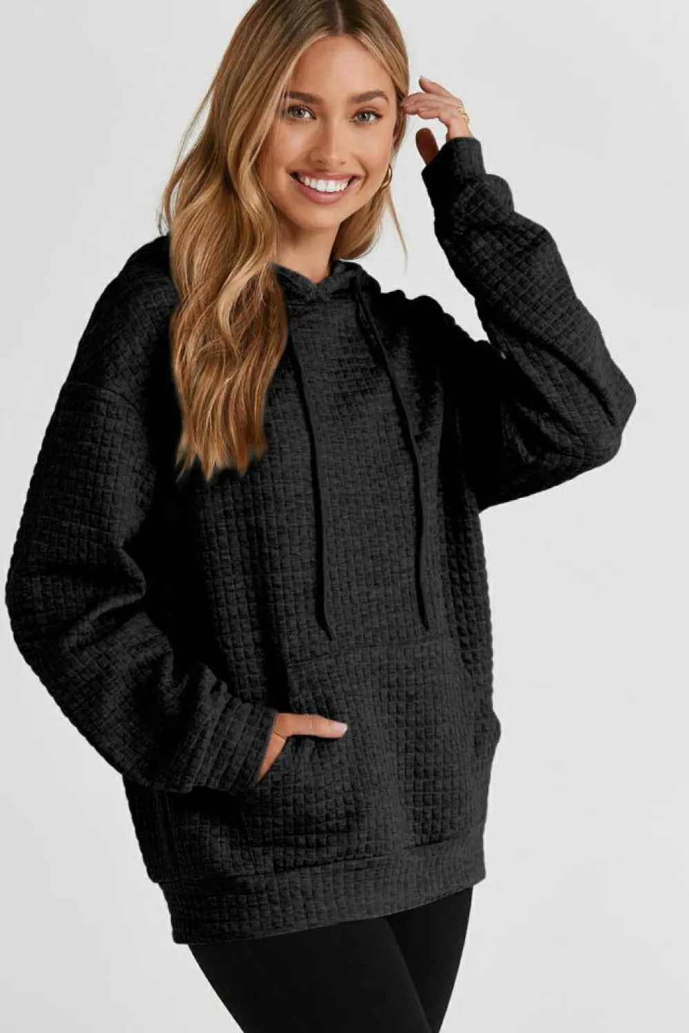 Hot Dear-Lover Quilted Kangaroo Pocket Drawstring Hoodie Black