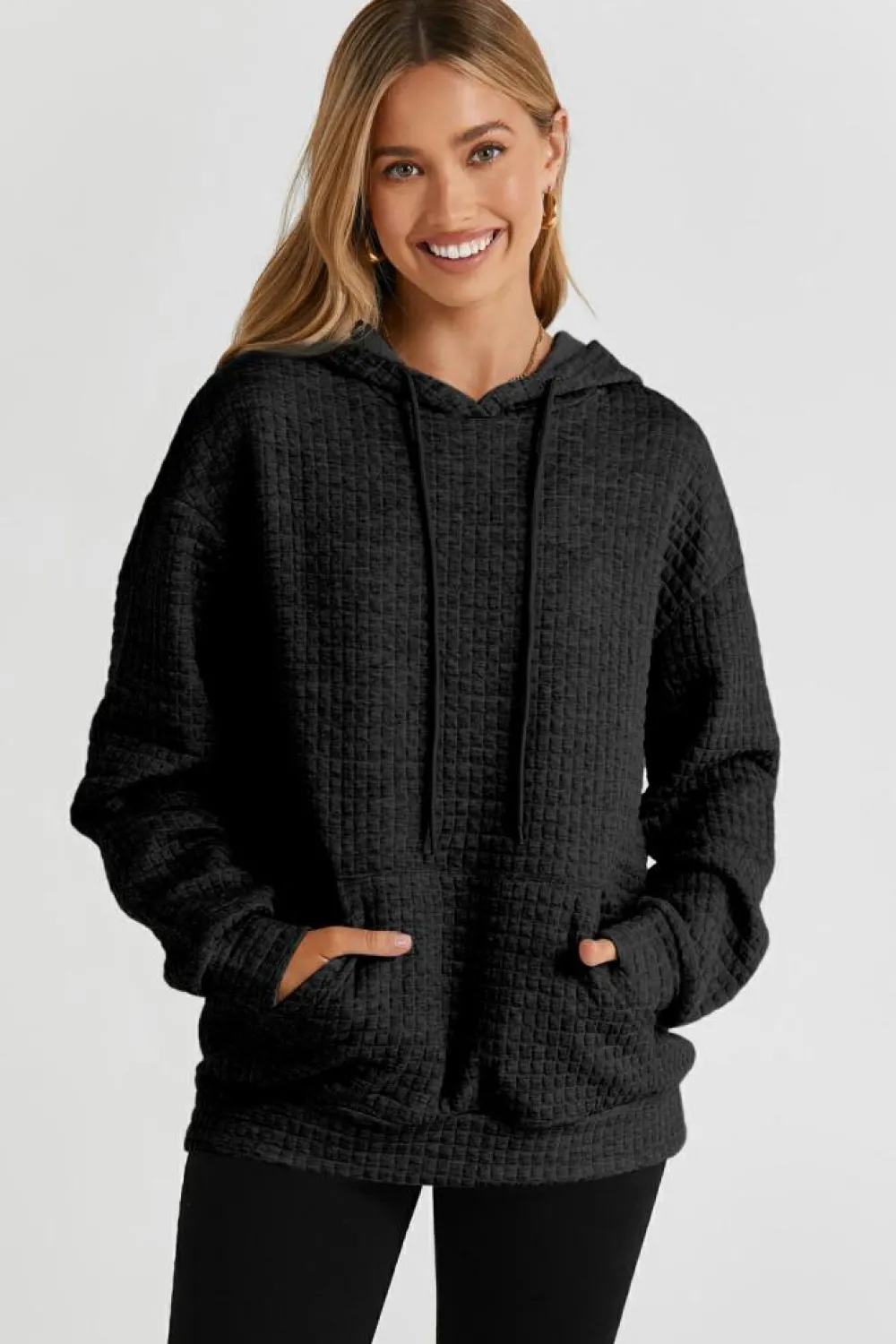 Hot Dear-Lover Quilted Kangaroo Pocket Drawstring Hoodie Black