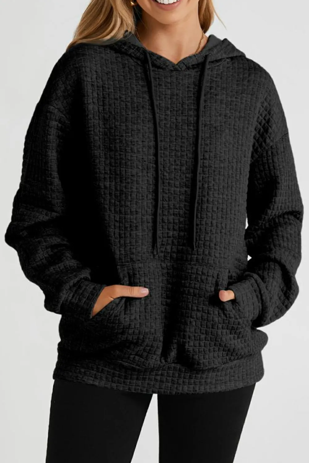 Hot Dear-Lover Quilted Kangaroo Pocket Drawstring Hoodie Black
