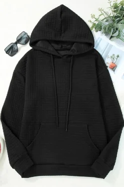 Hot Dear-Lover Quilted Kangaroo Pocket Drawstring Hoodie Black