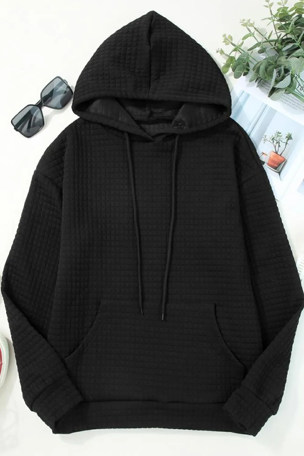 Hot Dear-Lover Quilted Kangaroo Pocket Drawstring Hoodie Black