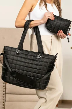 Clearance Dear-Lover Quilted Patchwork Large Tote Bag and Clutch 2pcs Set Black
