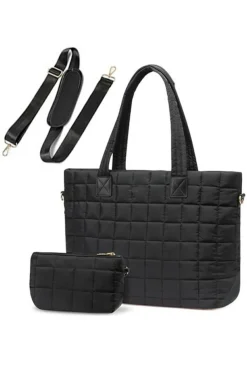 Clearance Dear-Lover Quilted Patchwork Large Tote Bag and Clutch 2pcs Set Black