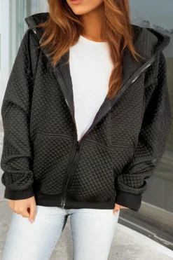 New Dear-Lover Quilted Side Pockets Zipper Hooded Jacket Black