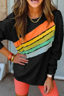 Sale Dear-Lover Rainbow Colorblock Striped Pullover Sweatshirt Black
