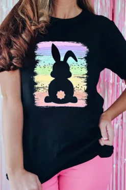 Hot Dear-Lover Rainbow Splash Easter Rabbit Graphic Tee Black