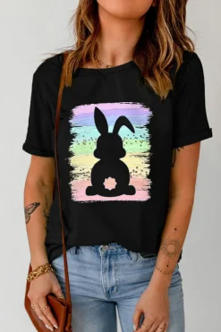 Hot Dear-Lover Rainbow Splash Easter Rabbit Graphic Tee Black