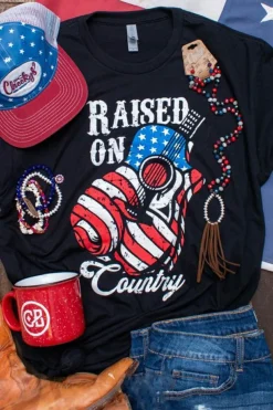Clearance Dear-Lover Raised On Country USA Flag Guitar Graphic Tee Black