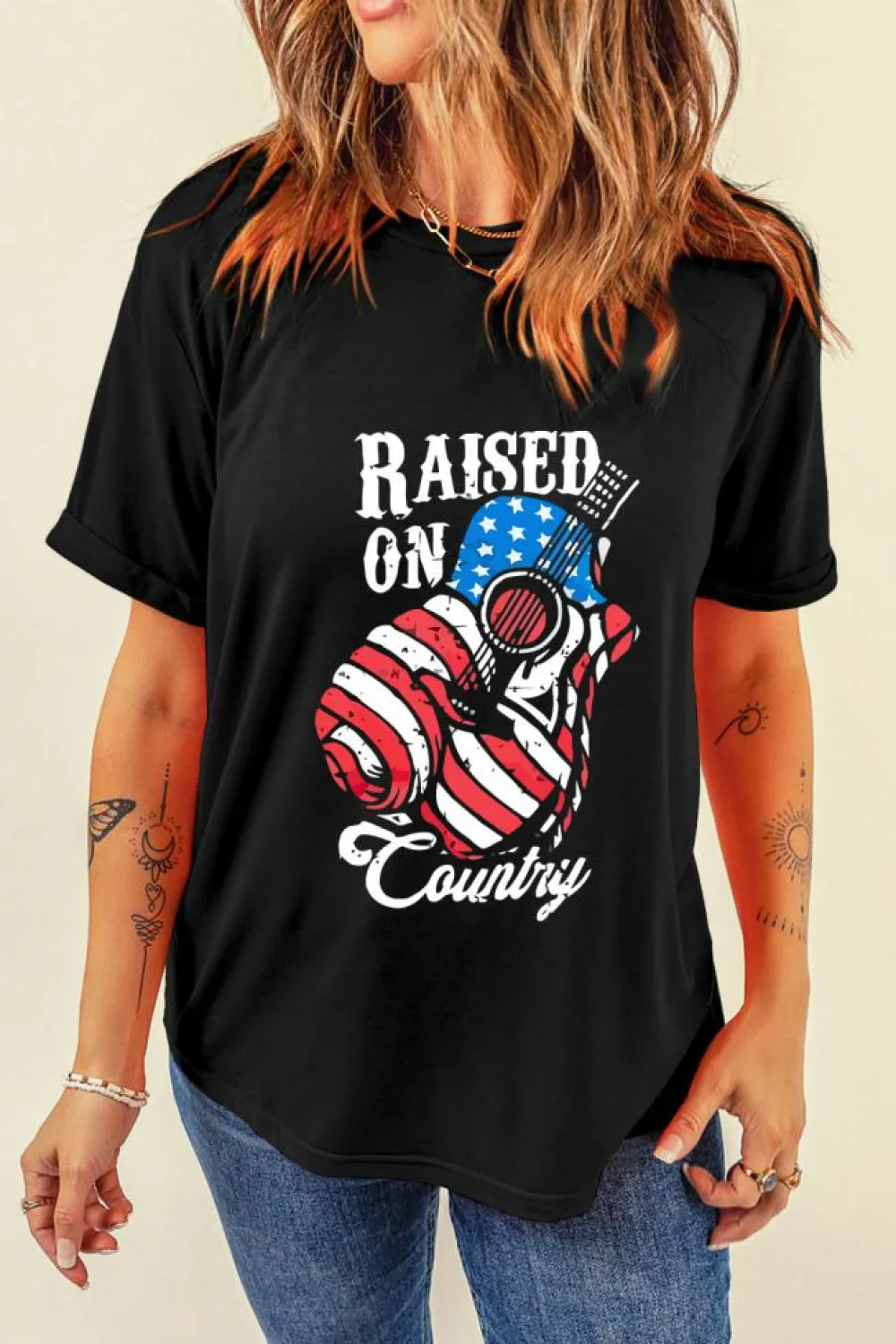 Clearance Dear-Lover Raised On Country USA Flag Guitar Graphic Tee Black