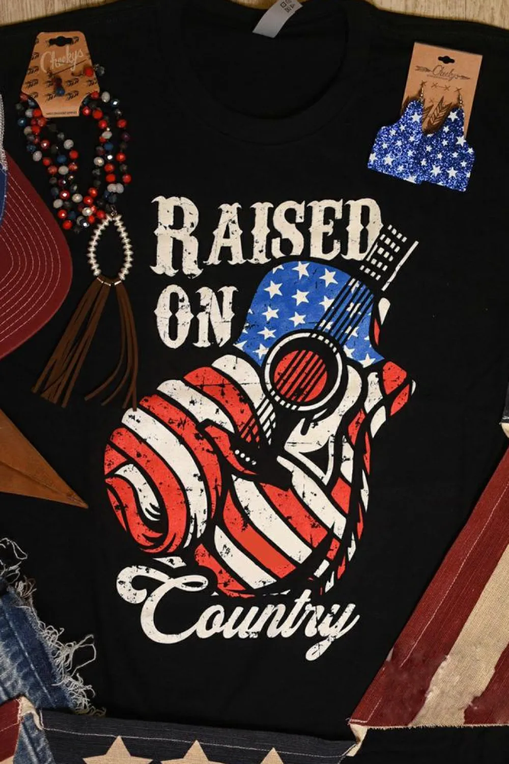 Clearance Dear-Lover Raised On Country USA Flag Guitar Graphic Tee Black
