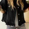 Sale Dear-Lover Raw Edge Ruffled Short Sleeve Denim Jacket Black