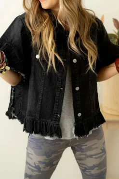 Sale Dear-Lover Raw Edge Ruffled Short Sleeve Denim Jacket Black
