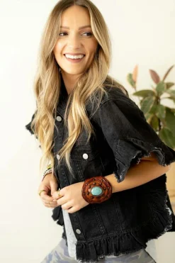 Sale Dear-Lover Raw Edge Ruffled Short Sleeve Denim Jacket Black
