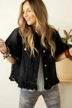 Sale Dear-Lover Raw Edge Ruffled Short Sleeve Denim Jacket Black