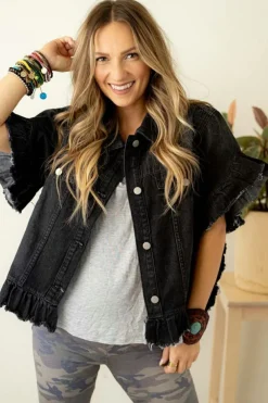 Sale Dear-Lover Raw Edge Ruffled Short Sleeve Denim Jacket Black
